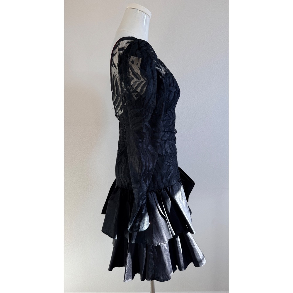 Contempo Casuals Vintage 80s Black Lace Taffeta Bow Dress Sz S Goth Whimsigoth - Picture 2 of 14